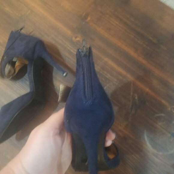 Bonnibel Navy Blue Suede-Like Ankle Strap Heels - Picture 7 of 8